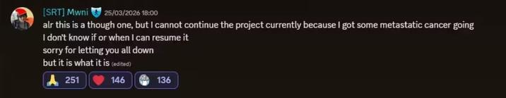A message allegedly sent by Manuel Otto to his Discord channel. He claims he has cancer.