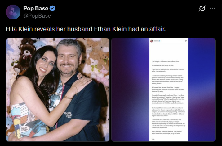 Pop Base @PopBase Hila Klein reveals her husband Ethan Klein had an affair. Ø NOW! Tebby ...