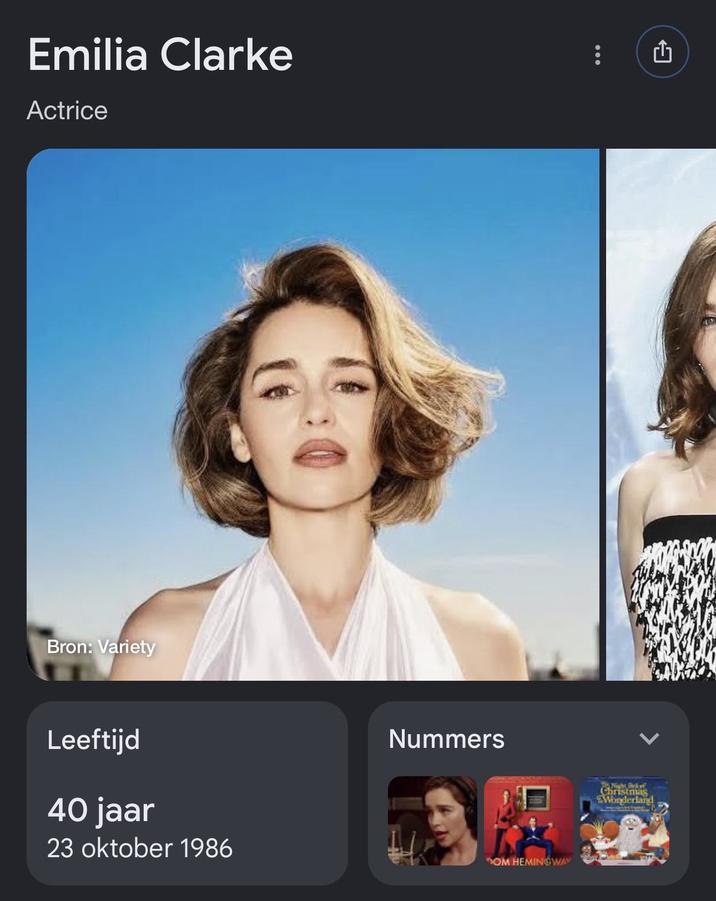 Emilia Clarke Actrice Bron: Variety Leeftijd 40 jaar 23 oktober 1986 Nummers OM HEMINGWAY The Night Beket Christmas Wonderland rh