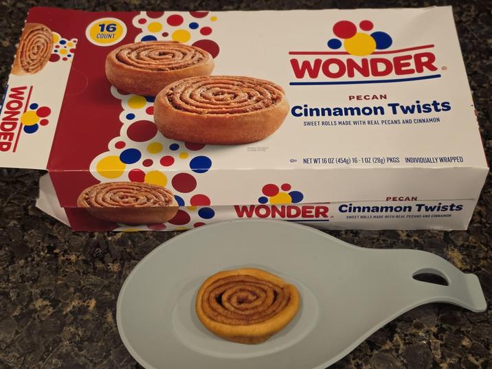 WONDER 16 COUNT WONDER D PECAN Cinnamon Twists SWEET ROLLS MADE WITH REAL PECANS AND CINNAMON NET WT 16 OZ (454g) 16-10Z (28g) PKGS INDIVIDUALLY WRAPPED PECAN WONDER. Cinnamon Twists SWEET ROLLS MADE WITH REAL PECANS AND CINNAMON