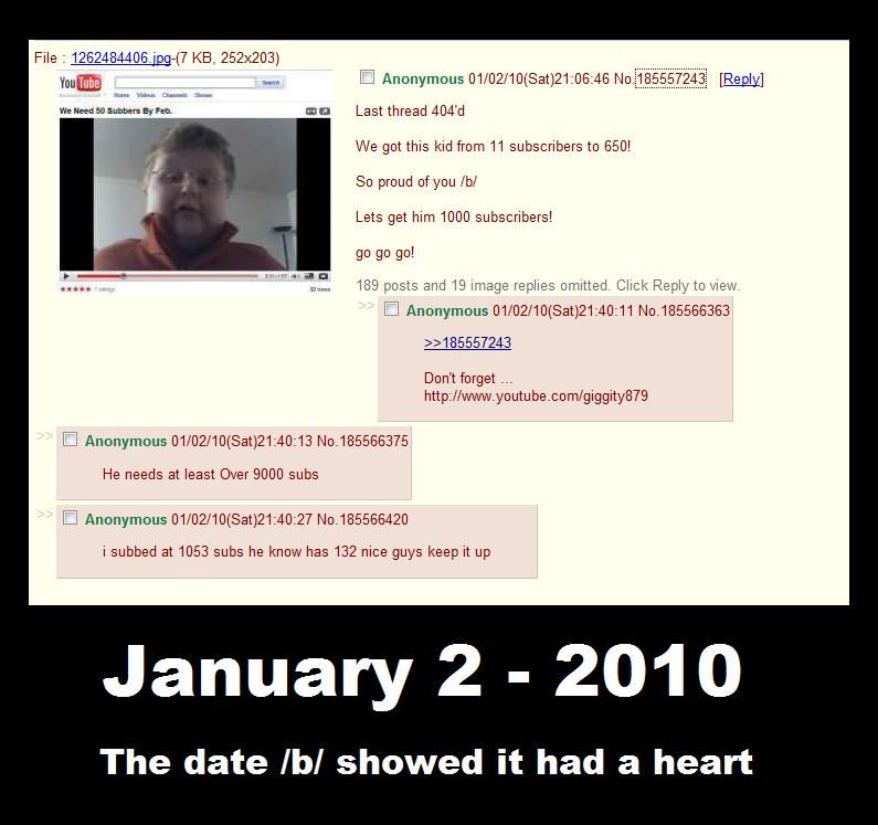 File 1262484406ipg-(7 KB, 252x203) Anonymous 01/02/10(Sat)21:06:46 No:185557243 Reply] Last thread 404d We got this kid from 11 subscribers to 650! So proud of you /b/ Lets get him 1000 subscribers! go go go! 189 posts and 19 image replies omitted. Click Reply to view Youlube We Need 50 Subbets By Fed □ Anonymous 01/02/10(Sat)21:40:11 No.185566363 185557243 Don't forget http://www.youtube.com/giggity879 Anonymous 01/02/10(Sat)21:40:13 No. 185566375 He needs at least Over 9000 subs 贂Anonymous 01/02/10(Sat)21:40:27 No. 185566420 i subbed at 1053 subs he know has 132 nice guys keep it up January 2 - 2010 The date /b/ showed it had a heart