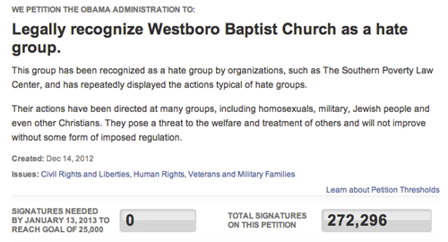 WE PETITION THE OBAMA ADMINISTRATION TO Legally recognize Westboro Baptist Church as a hate group This group has been recognized as a hate group by organizations, such as The Southern Poverty Law Center, and has repeatedly displayed the actions typical of hate groups. Their actions have been directed at many groups, including homosexuals, military, Jewish people and even other Christians. They pose a threat to the welfare and treatment of others and will not improve without some form of imposed regulation. Created: Dec 14,2012 Issues: Civil Rights and Liberdies, Human Rights, Veterans and Military Families Learn about Petition Thresholds SIGNATURES NEEDED BY JANUARY 13,2013 TO REACH GOAL OF 25,000 0 TOTAL SIONATURES 272,296 272,296 ON THIS PETITION