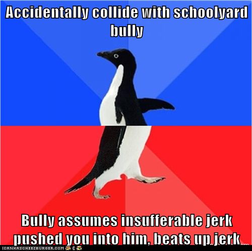 How frequently would something like this happen in real life? Probably very, very rarely, if at all. Either you're so awkward that the bully would assume the collision was your fault even if it wasn't, or you're awesome enough to avoid the collision in the first place. But hey, the idea got me chuckling, so I decided to throw it in.