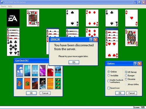 SOLITARE by EA Games ZA 9 ERROR You have been disconnected from the server. Please try your move again later Card Deck DLC OK O Online O Invisible Europe O US Server ○Oceania Enable Facebook notificationa ways Onlee Tweet Scor. OK Cancel ok Score: 185