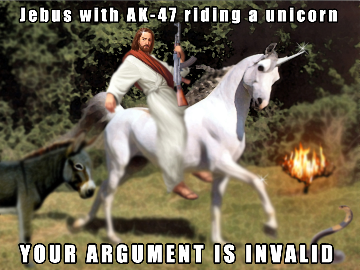 Jebus with AK-47 riding a unicorn