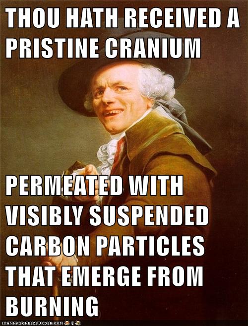 THOU HATH RECEIVED A PRISTINE CRANIUM PERMEATED WWITH VISIBLY SUSPENDED CARBON PARTICLES THAT EMERGE FROM BURNING DEAN HAS CHEEZBURGER, COM