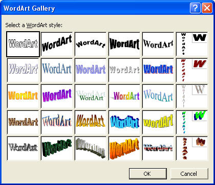 WordArt Gallery Select a WordArt style: Wordirt WordAr WdAt WordArt WordArt OK Cance