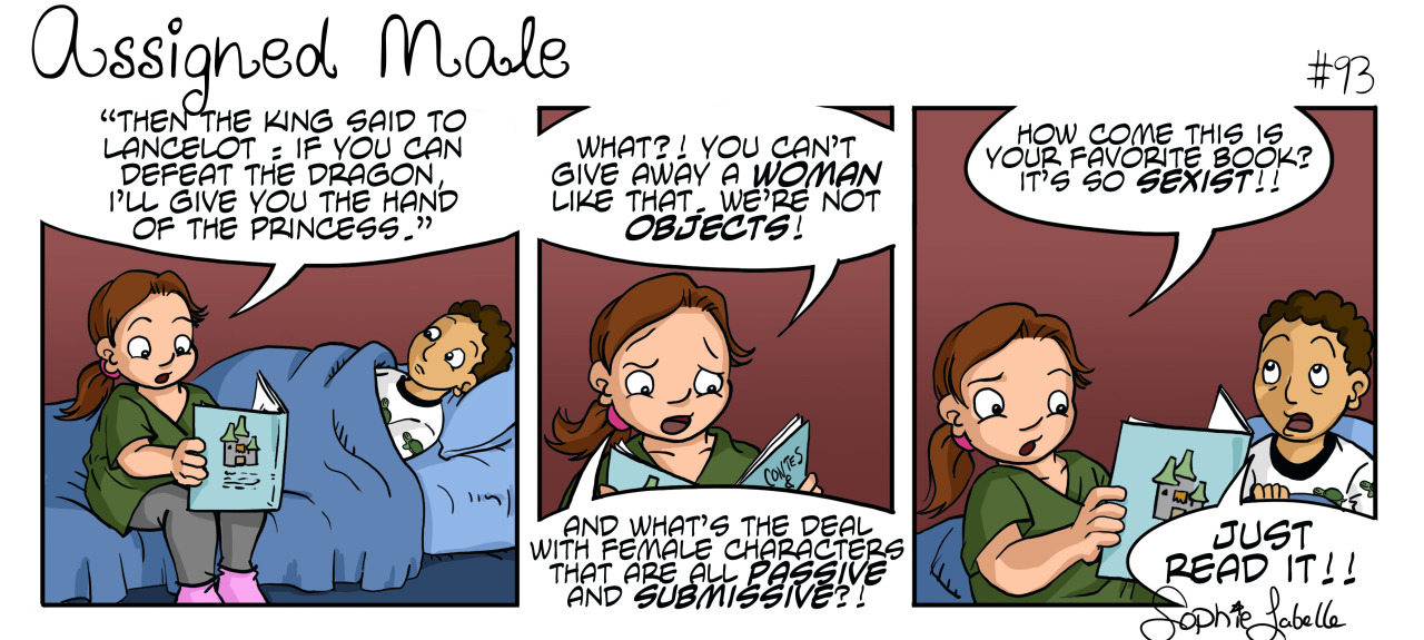 Oussigned. male 打3 "THEN THE KING SAID TO LANCELOT = IF YOU CAN WHAT?! YOU CAN'T GIVE AWAY A WOMAN HOW COME THIS e YOUR FAVOPITE BOOKr DEFEAT THE DRAGON, G LIKE THAT. WE'RE N LL GIVE YOU THE HAND OF THE PRINCESs." OBJECTS AND WHAT'S THE DEA WITH FEMALE CHARACTE JUST READ IT!! THAT ARE AL AND SUBMISSlVE? abello