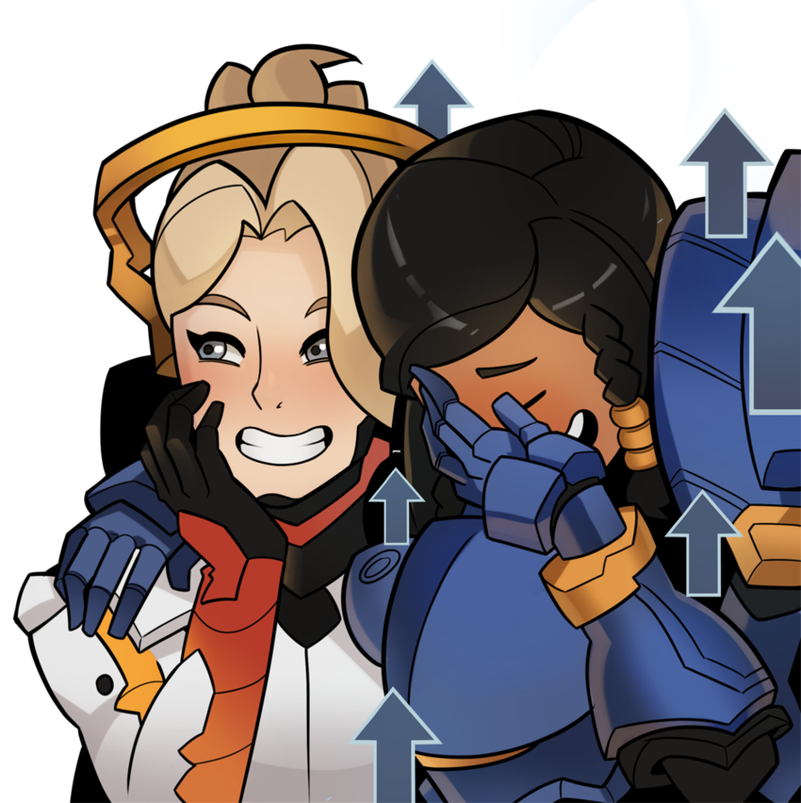 http://splashbrush.deviantart.com/#/art/Overwatch-Mercy-and-Pharah-575736663?hf=1
In the game you can have Mercy (the one on our left) heal or buff an ally which is why Pharah (the one not on the left) has arrows pointing up.
