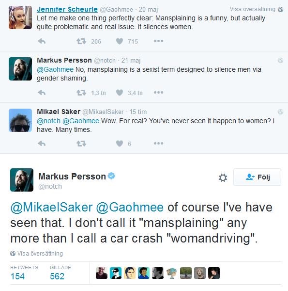 Visa oversattning 6 Jennifer Scheurle @Gaohmee 20 maj Let me make one thing perfectly clear. Mansplaining is a funny, but actually quite problematic and real issue. It silences women. 206 715 Markus Persson @notch 21 maj @Gaohmee No, mansplaining is a sexist term designed to silence men via gender shaming t31,3tn 3,4 tn Mikael Säker @MikaelSaker 15 tim @notch @Gaohmee Wow. For real? You've never seen it happen to women? 1 have. Many times. Markus Persson @notch @MikaelSaker @Gaohmee of course I've have seen that. I don't call it "mansplaining" any more than I call a car crash "womandriving ⑥ Visa oversattning RETWEETS GILLADE 154 562