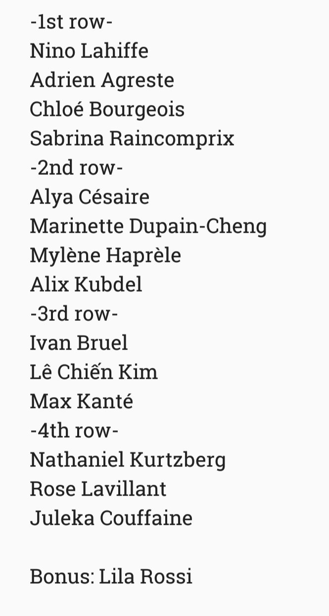 1st row Nino Lahiffe Adrien Agreste Chloé Bourgeois Sabrina Raincomprix 2nd rovw Alya Cesaire Marinette Dupain-Cheng Mylène Haprèle Alix Kubdel 3rd row Ivan Bruel Lê Chien Kim Max Kanté -4th row Nathaniel Kurtzberg Rose Lavillant Juleka Couffaine Bonus: Lila Rossi