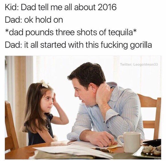 Kid: Dad tell me all about 2016 Dad: ok hold on *dad pounds three shots of tequila* Dad: it all started with this f------ gorilla Twitter: Leogoldman33