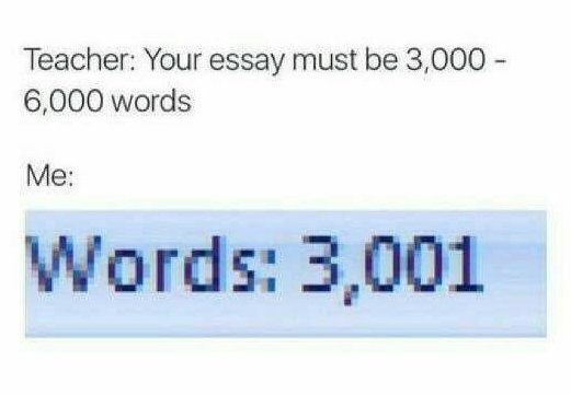 Teacher: Your essay must be 3,000 - 6,000 words Me: Words: 3,001