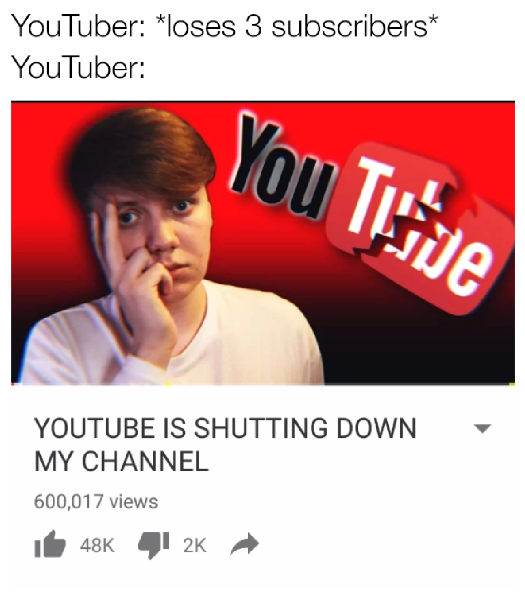 YouTuber: *loses 3 subscribers* YouTuber: YOUTUBE IS SHUTTING DOWN - MY CHANNEL 600,017 views 1 48K 12K