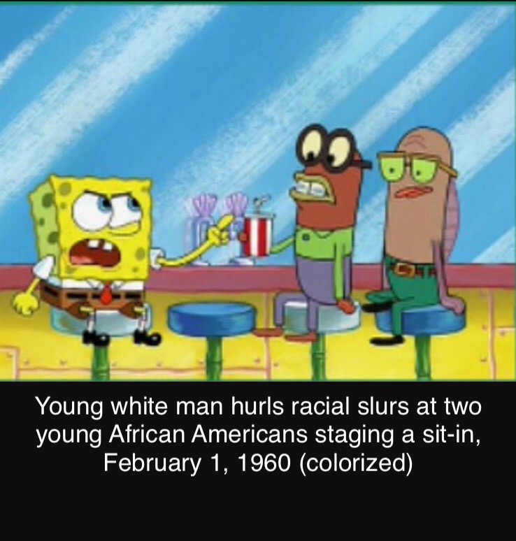 Young white man hurls racial slurs at two young African Americans staging a sit-in, February 1, 1960 (colorized)