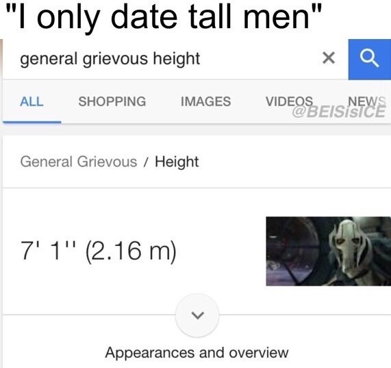 " only date tall men" general grievous height ALL SHOPPING IMAGES VIDE%EIS General Grievous/ Height 7' 1" (2.16 m) Appearances and overview