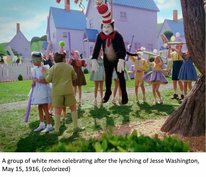 A group of white men celebrating after the lynching of Jesse Washington, May 15, 1916, (colorized)