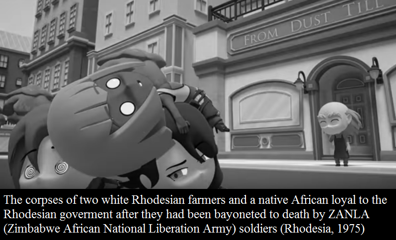 The corpses of two white Rhodesian farmers and a native African loyal to the Rhodesian goverment after they had been bayoneted to death by ZANLA (Zimbabwe African National Liberation Army) soldiers (Rhodesia, 1975)