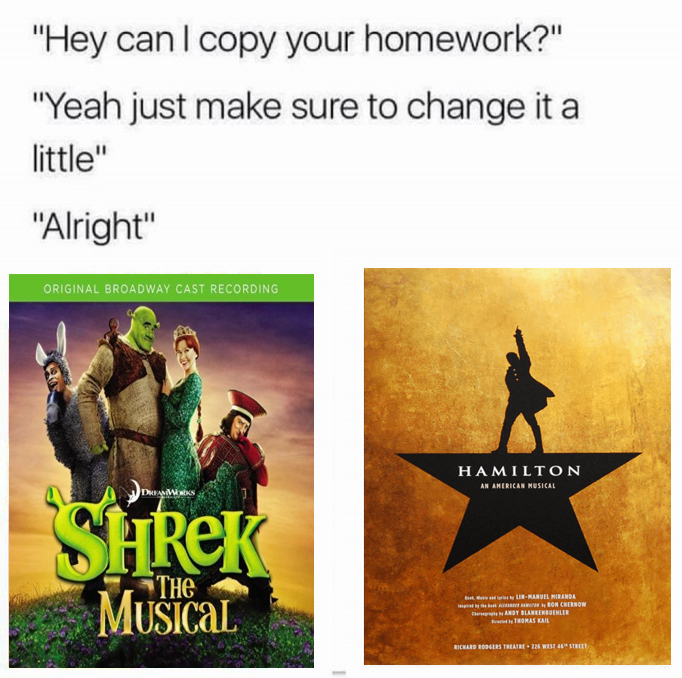 "Hey can I copy your homework?" "Yeah just make sure to change it a little" "Alright" ORIGINAL BROADWAY CAST RECORDING HAMILTON AN AMERICAN MUSICAL HReK THe MusIcaL THOMAS KAI RICHARD RODGERS THEATRE-226 WEST 46 STREET