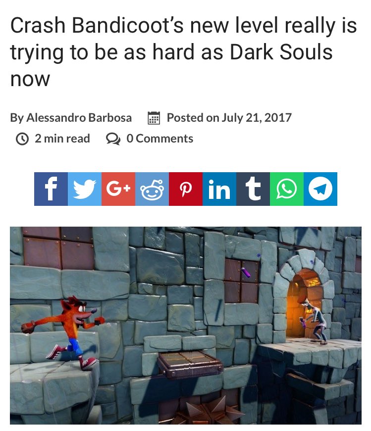 Crash Bandicoot's new level really is trying to be as hard as Dark Souls now By Alessandro BarbosaPosted on July 21,2017 O 2 min read Comments