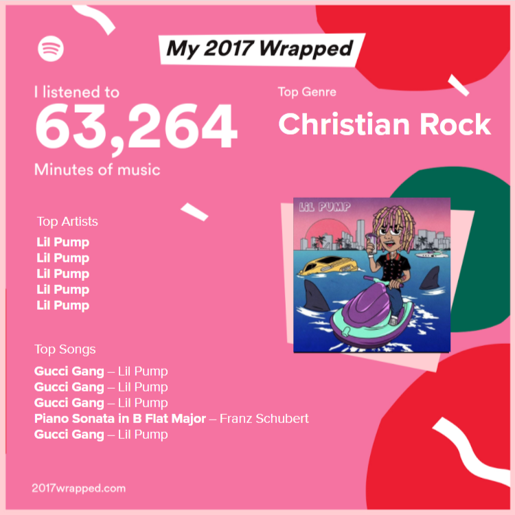 My 2017 Wrapped I listened to Top Genre 63,264 christian Rock Minutes of music Top Artists Lil Pump Lil Pump Lil Pump Lil Pump Lil Pump Top Songs Gucci Gang - Lil Pump Gucci Gang - Lil Pump Gucci Gang - Lil Pump Piano Sonata in B Flat Major- Franz Schubert Gucci Gang - Lil Pump 2017wrapped.com