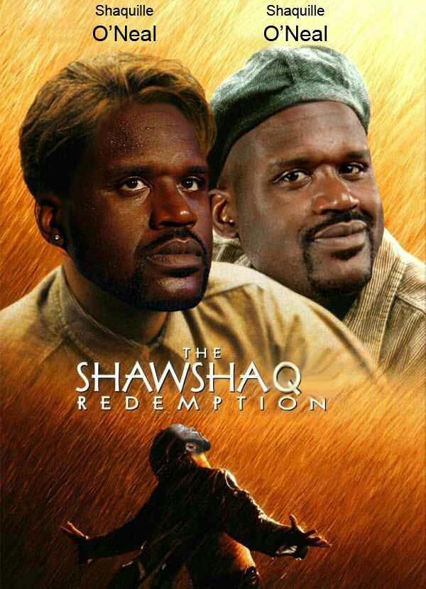 Photoshop meme of Shaq's face on both actors in the movie poster for The Shawshank Redemption.