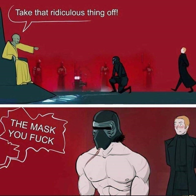 Webcomic cartoon style meme of Snokes asking Kilo Rey to take that thing off and he gets naked instead of taking off his mask.