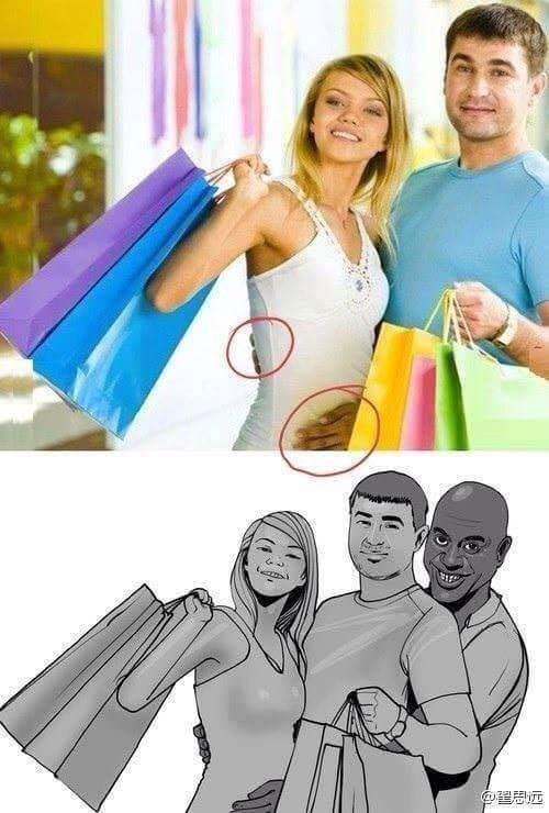 Picture of a man and woman waving at the camera while holding up shopping bags. A suspicious 3rd hand is noticeable on the woman's stomach, most probably as a results of two "stock photographs":/memes/stock-photography being "photoshopped":/memes/sites/photoshop to get the final image. A user expanded and extrapolated the image to include Ainsley Harriott as the owner of that third hand.