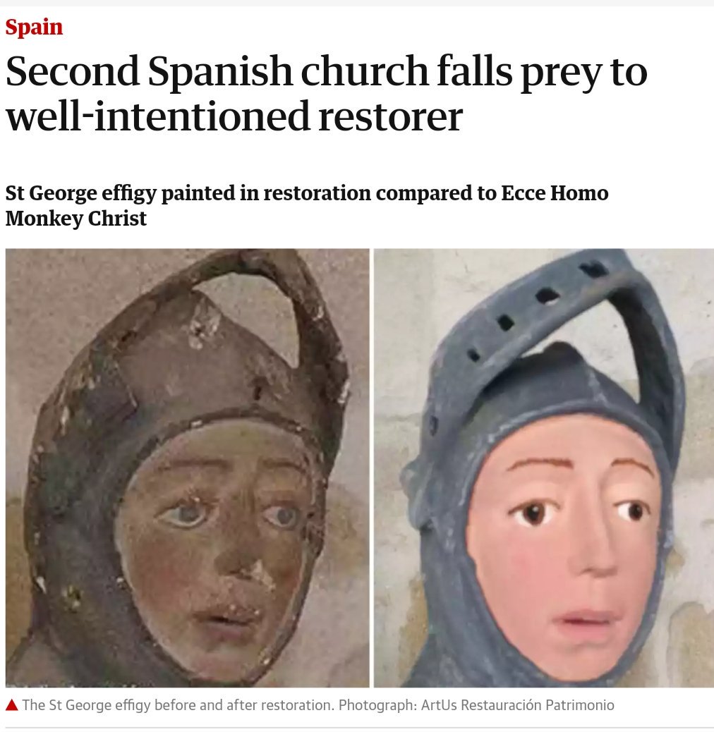 "Article Source":https://www.theguardian.com/world/2018/jun/26/second-spanish-church-falls-prey-to-well-intentioned-restorer-st-george-ecce-h----monkey-christ