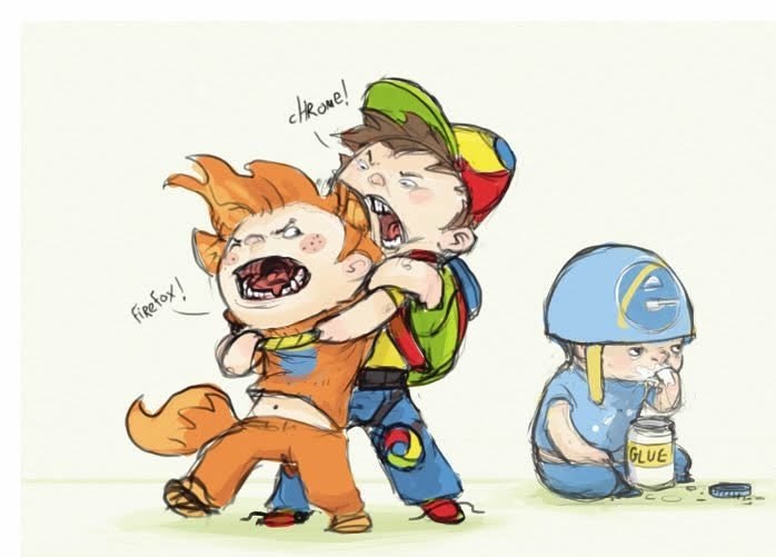 Cartoon drawing of "anthropomorphized":/memes/cultures/anthropomorphism representations of the "Firefox":/memes/sites/mozilla-firefox and "Chrome":/memes/subcultures/google-chrome browsers as rough n' tumble kids while Explorer is sitting by himself eating glue.