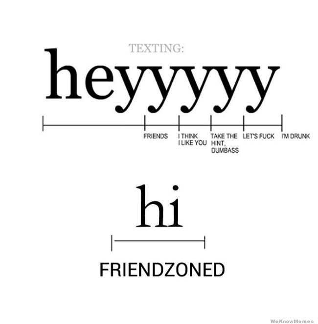 TEXTING: heyyyyy FRIENDSITHINK TAKE THE LETS F--- M DRUNK LIKE YOU HINT, DUMBASS hi FRIENDZONED WeKnowMemes