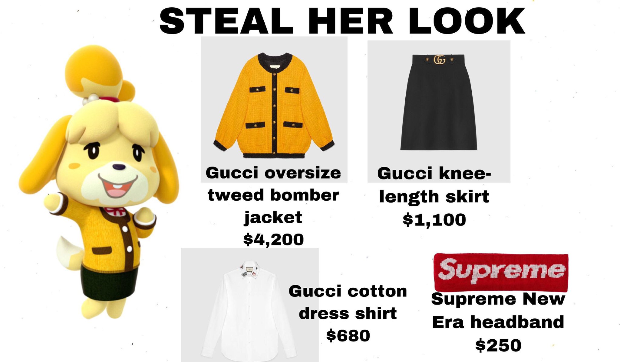 STEAL HER LOOK Gucci oversizeGucci knee- tweed bomberlength skirt jacket $4,200 $1,100 Supreme Supreme New Gucci cotton dress shirt $680Era headband $250