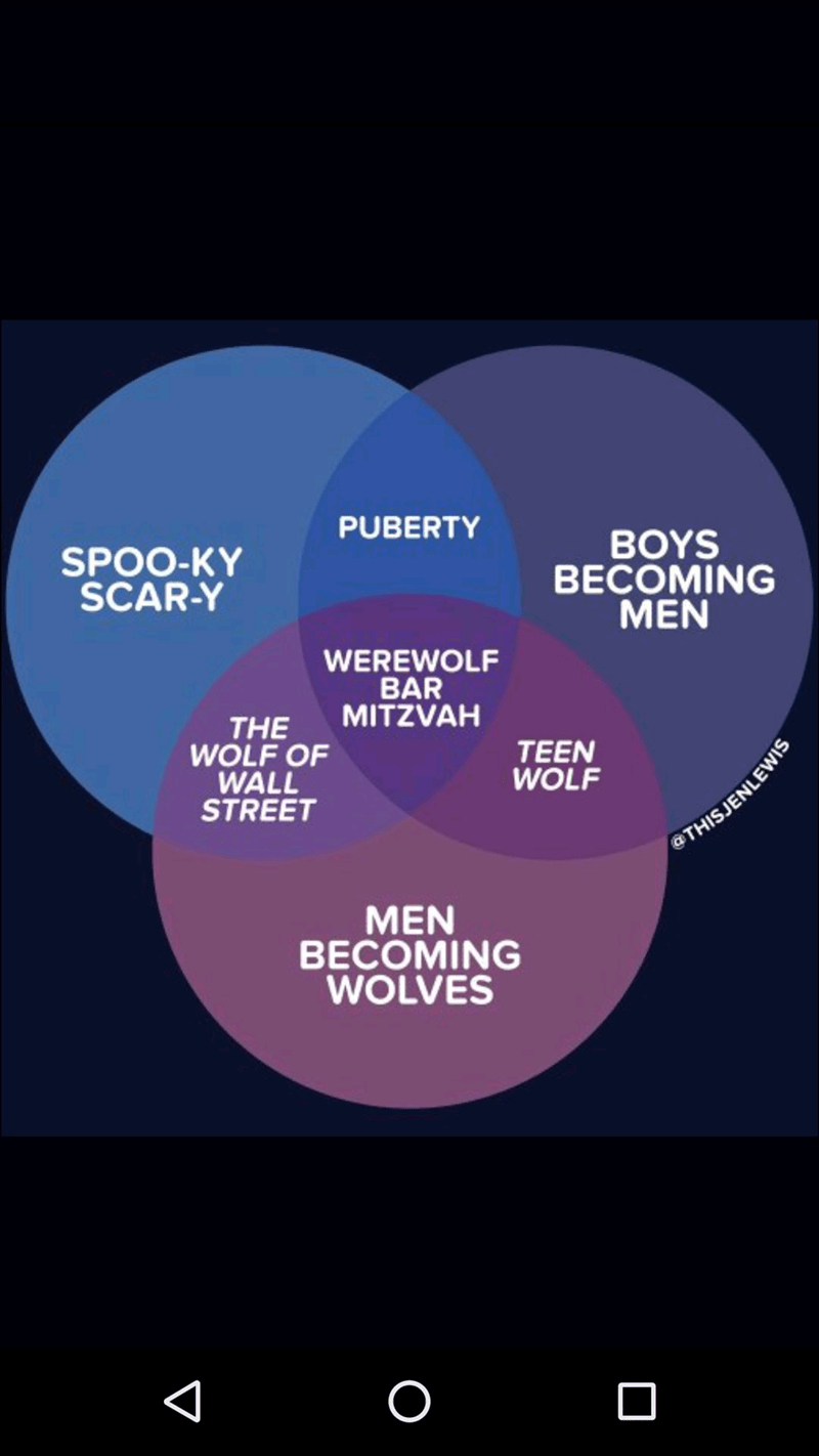 PUBERTY SPOO-KY SCAR-Y BOYS BECOMING MEN WEREWOLF BAR THE MITZVAH WOLF OF WALL STREET TEEN WOLF MEN BECOMING WOLVES