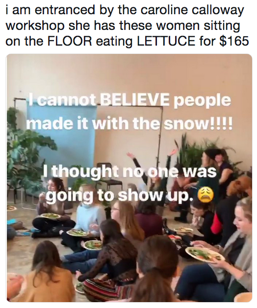 i am entranced by the caroline calloway workshop she has these women sitting on the FLOOR eating LETTUCE for $165 cannot.BELIEVE people made it with the snow!!! thought no one was going to show up.e