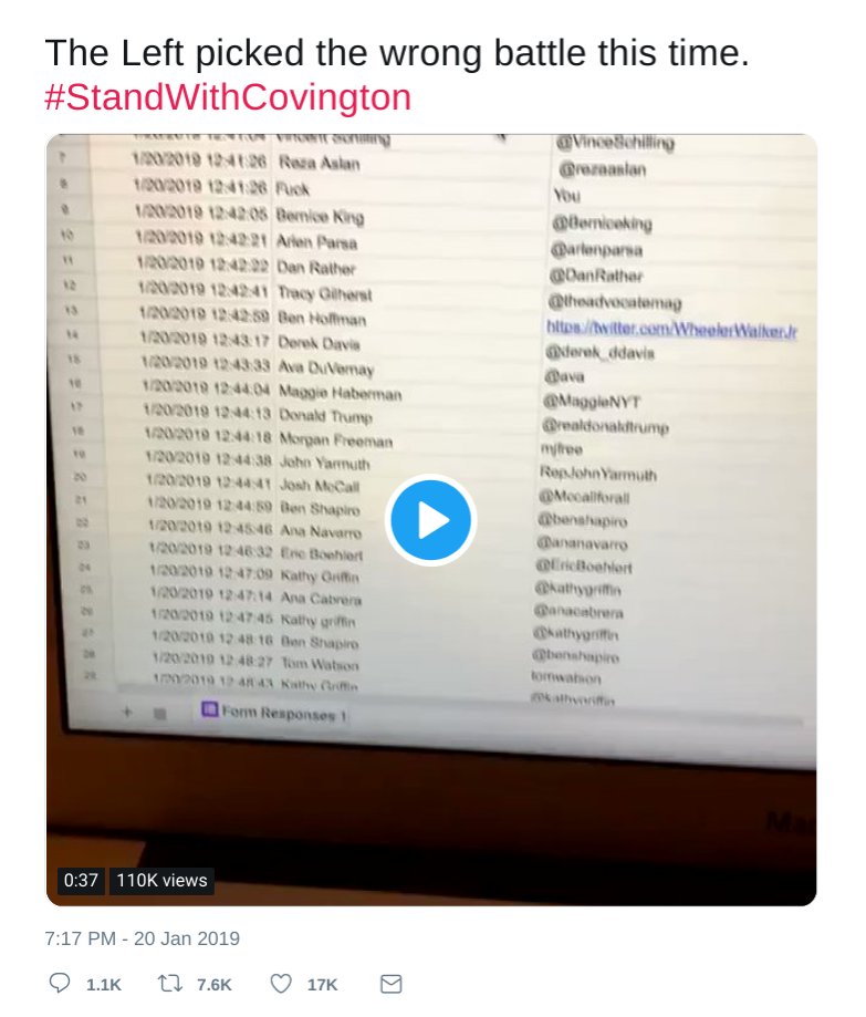 The Left picked the wrong battle this time. #StandWithCovington Grereaslan You 2010 124128 Reza Aslan 02019 124128 Fuok 01 1242 08 Bemice Kin 202019 124221 Alen Parsa 202010 124222 Dan Rather Beniceking Darlenparsa DanRather theadvooatemag blts//witter.com WheelerWalker 202019 124241 Tracy Gilherst 202010 12 4250 Ben Holtman 2219 1243 17 Derek Davi t3 dere ddavis Dava 18 202019 124333 Ava DuVemay 1202019 12 44 04 Maggie Haberman MaggeNYT 20/2019 1244 13 Donald Tump realdonakftrump mree RopJohnYarmuth @Mocallforall @benshapiro Dananavarro @EricBoehlert @kathyprifi Ganacabrera 1202019 12-44 18 Morpan Freeman /20/2019 12 44 38 John Yarnuth 20/2019 12 4441 Josh MoCall 120/2019 12 4459 Ben Shapire 1/202ot9 12 45-46 Ana Navarro 202019 12 46 32 Ene Boehlert 1/202019 12 47.09 Kathy Gri 20/2019 1247 14 Ana Cabrera 1202019 12 47 45 Kathy griftin 1/20/2019 12 48 16 on Shapire /20 2010 12 48 27 Tom Watson 92019 12 48 43 Kathy rift ao 23 24 @benshapire tonwahion a Form Responses t 0:37 110K views 7:17 PM - 20 Jan 2019