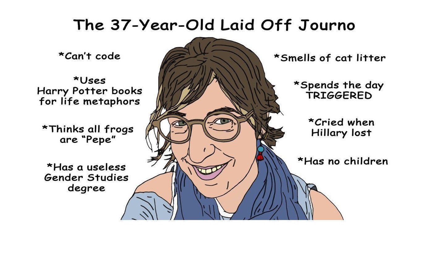 The 37-Year-Old Laid Off Journd *Can't code *Smells of cat litter *Uses Harry Potter books for life metaphors *Spends the day TRIGGERED *Thinks all frogs are "Pepe" *Cried when Hillary lost *Has no children *Has a useless Gender Studies degree