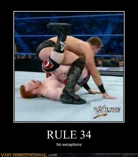 Just 2 dudes, "wrestling":/memes/cultures/professional-wrestling it out, with a brutal pile driver that looks like a compromising sexual position in the photograph, made into a "demotivational poster":/memes/demotivational-posters and joked as a proof that no exception applies to Rule 34.