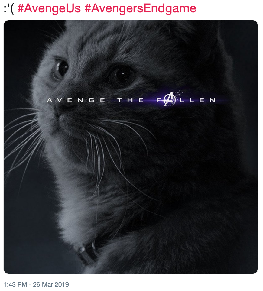 :'( #AvengeUs #AvengersEndgame A V E N G E T H E L L E N 1:43 PM -26 Mar 2019