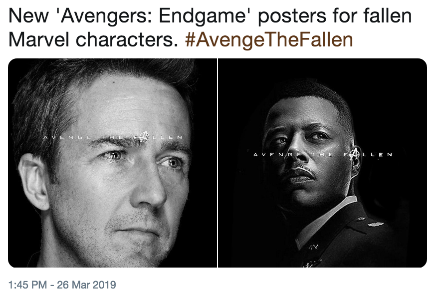 New 'Avengers: Endgame' posters for fallen Marvel characters. #AvengeTheFallen N G A VEN/S LLEN 1:45 PM - 26 Mar 2019