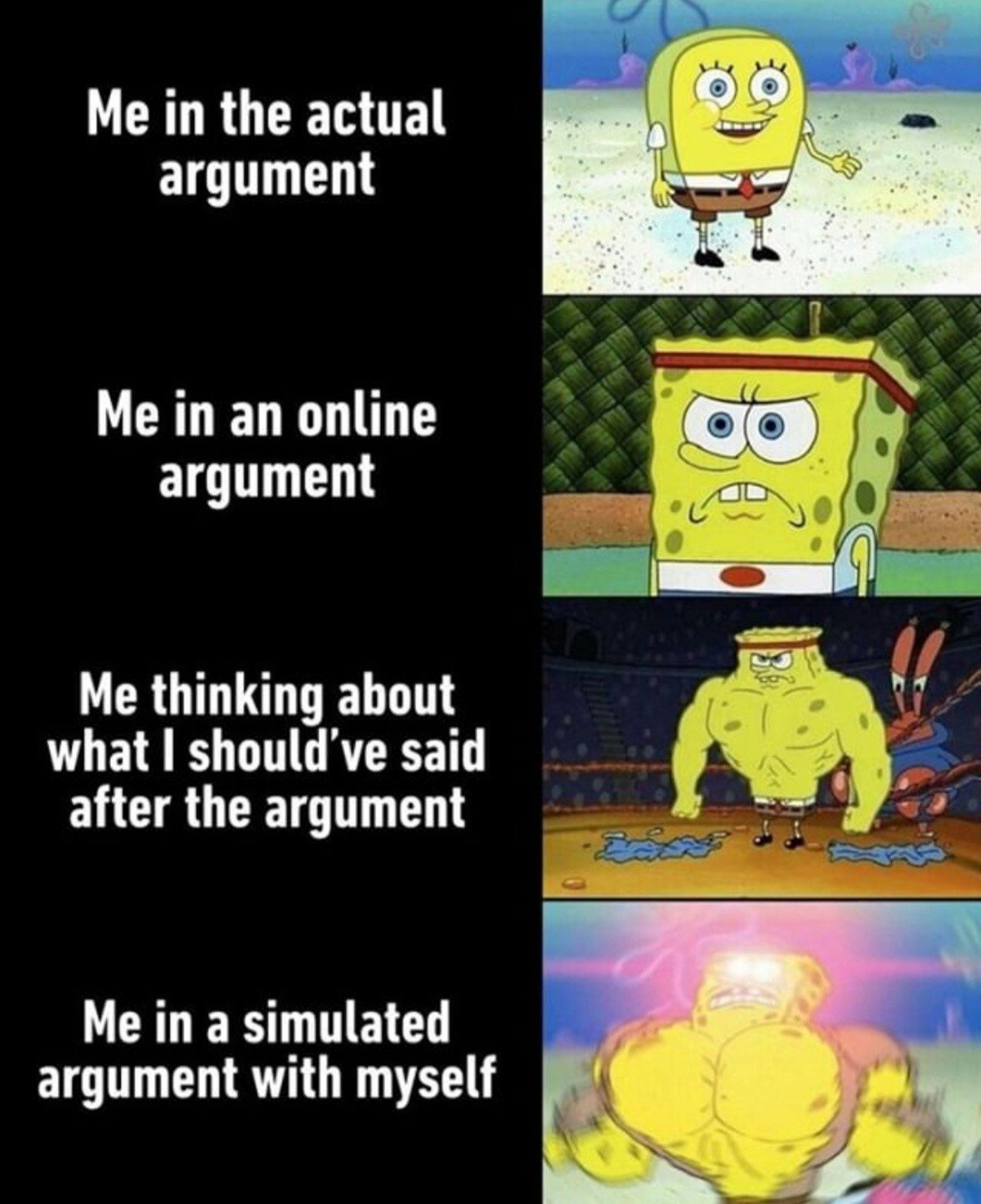 Me in the actual argument Me in an online argument Me thinking about what I should've said after the argument Me in a simulated argument with myself