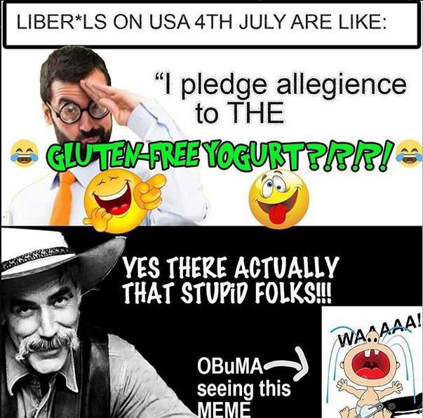 LIBER LS ON USA 4TH JULY ARE LIKE: "I pledge allegience to THE ELUTEVFREEYOGURTRRRI YES THERE ACTUALLY THAT STUPID FOLKS! WA AAA! OBUMA seeing this MEME T