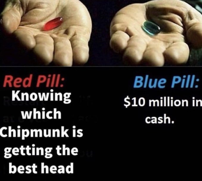 Red Pill Knowing Blue Pill: $10 million in which cash. Chipmunk is getting the best head