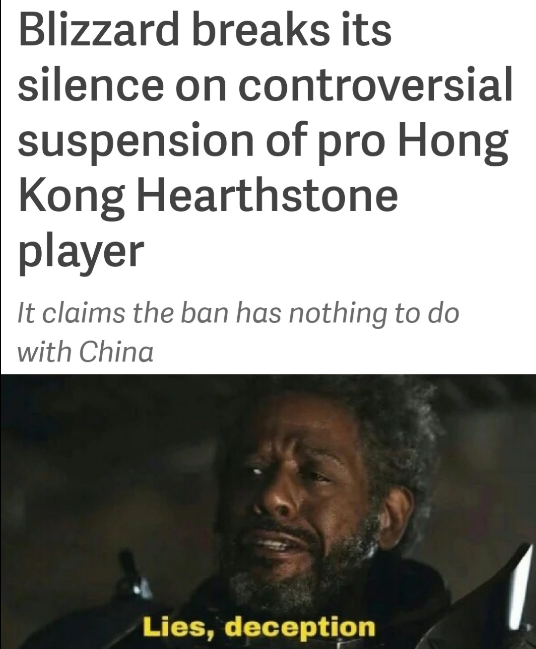 Blizzard breaks its silence on controversial suspension of pro Hong Kong Hearthstone player It claims the ban has nothing to do with China Lies, deception