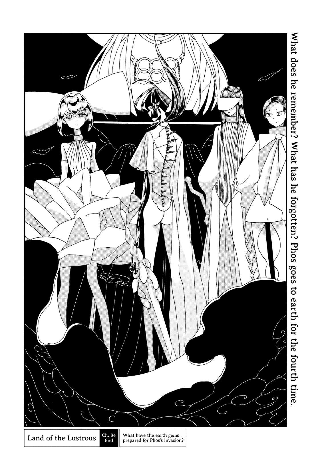 Ch. 84 End What have the earth gems prepared for Phos's invasion? Land of the Lustrous What does he remember? What has he forgotten? Phos goes to earth for the fourth time.