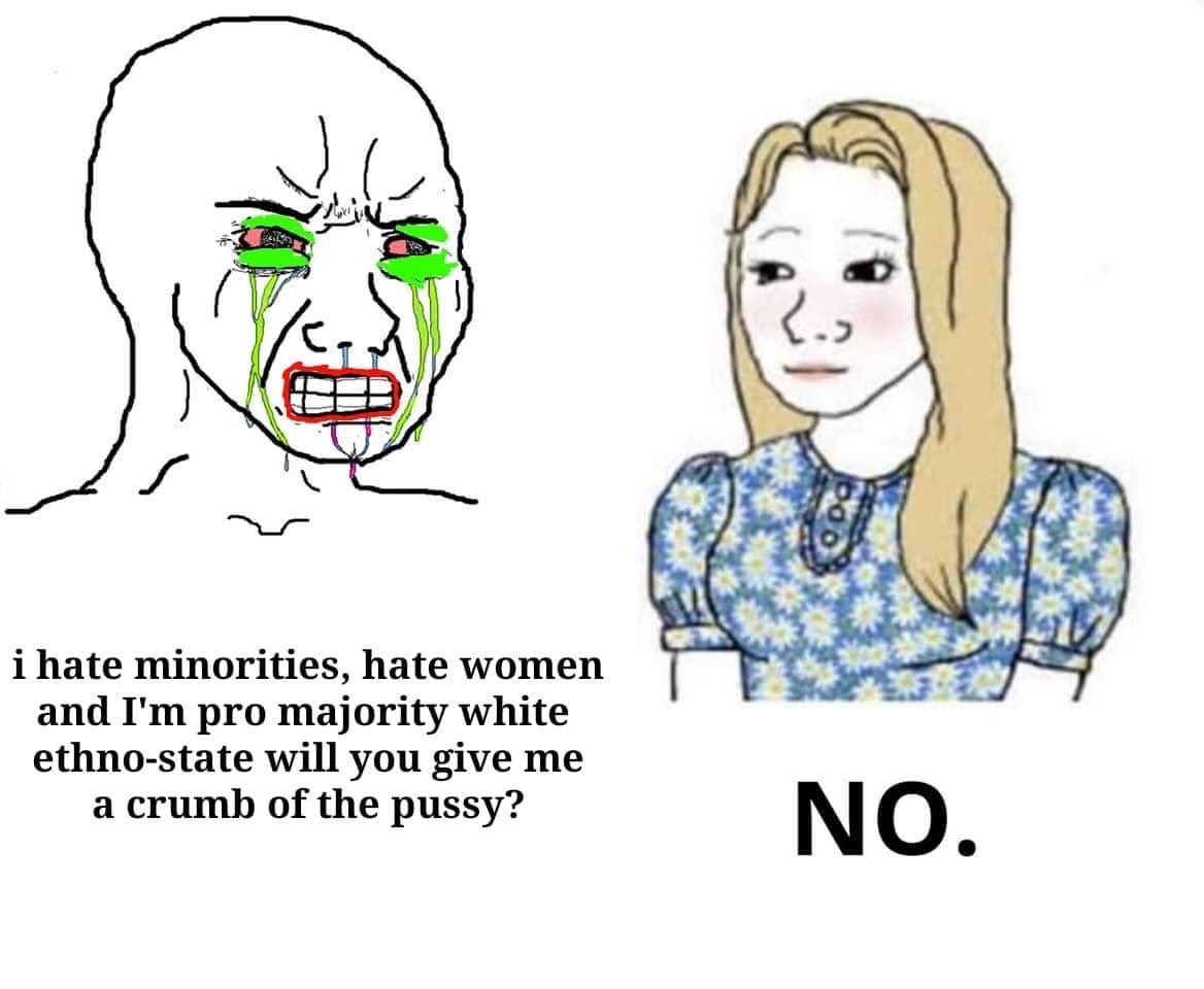 i hate minorities, hate women and I'm pro majority white ethno-state will you give me a crumb of the p----? NO.