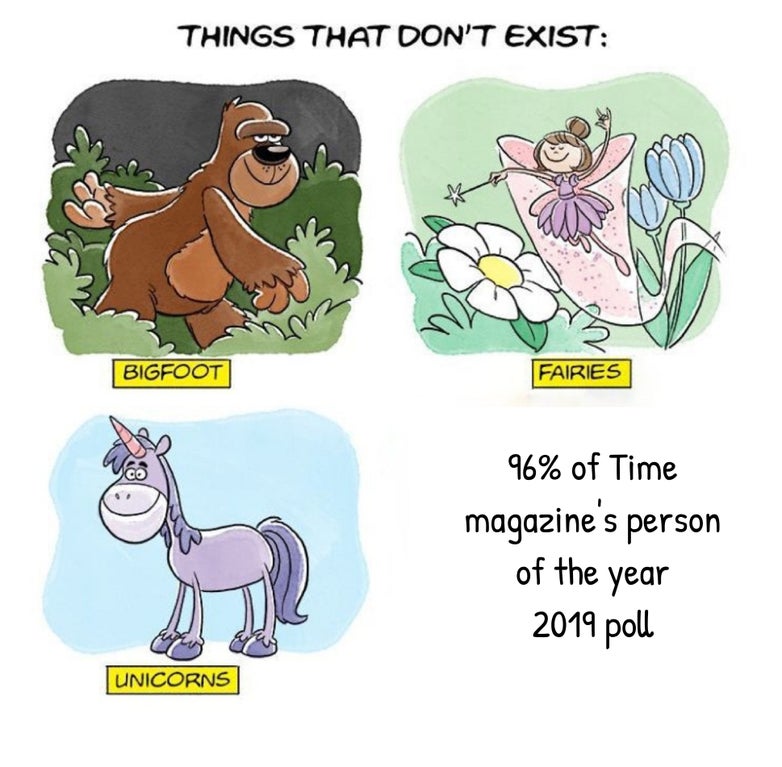 THINGS THAT DON'T EXIST: FAIRIES BIGFOOT 96% of Time magazine's person of the year 2019 poll UNICORNS