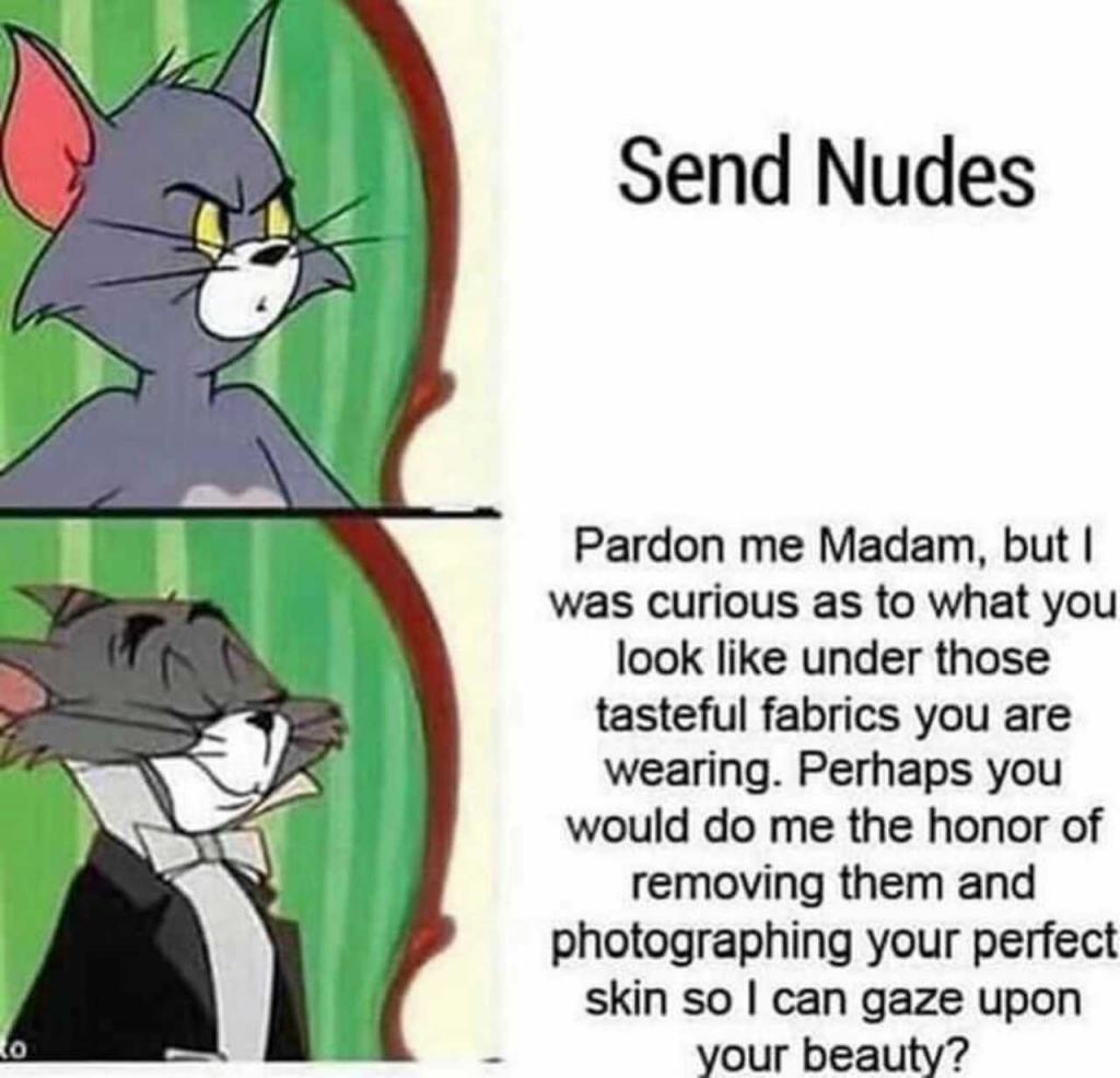 Send Nudes Pardon me Madam, but I was curious as to what you look like under those tasteful fabrics you are wearing. Perhaps you would do me the honor of removing them and photographing your perfect skin so I can gaze upon your beauty?