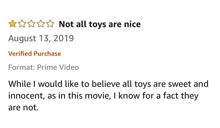 ☆☆ Not all toys are nice * August 13, 2019 Verified Purchase Format: Prime Video While I would like to believe all toys are sweet and innocent, as in this movie, I know for a fact they are not.