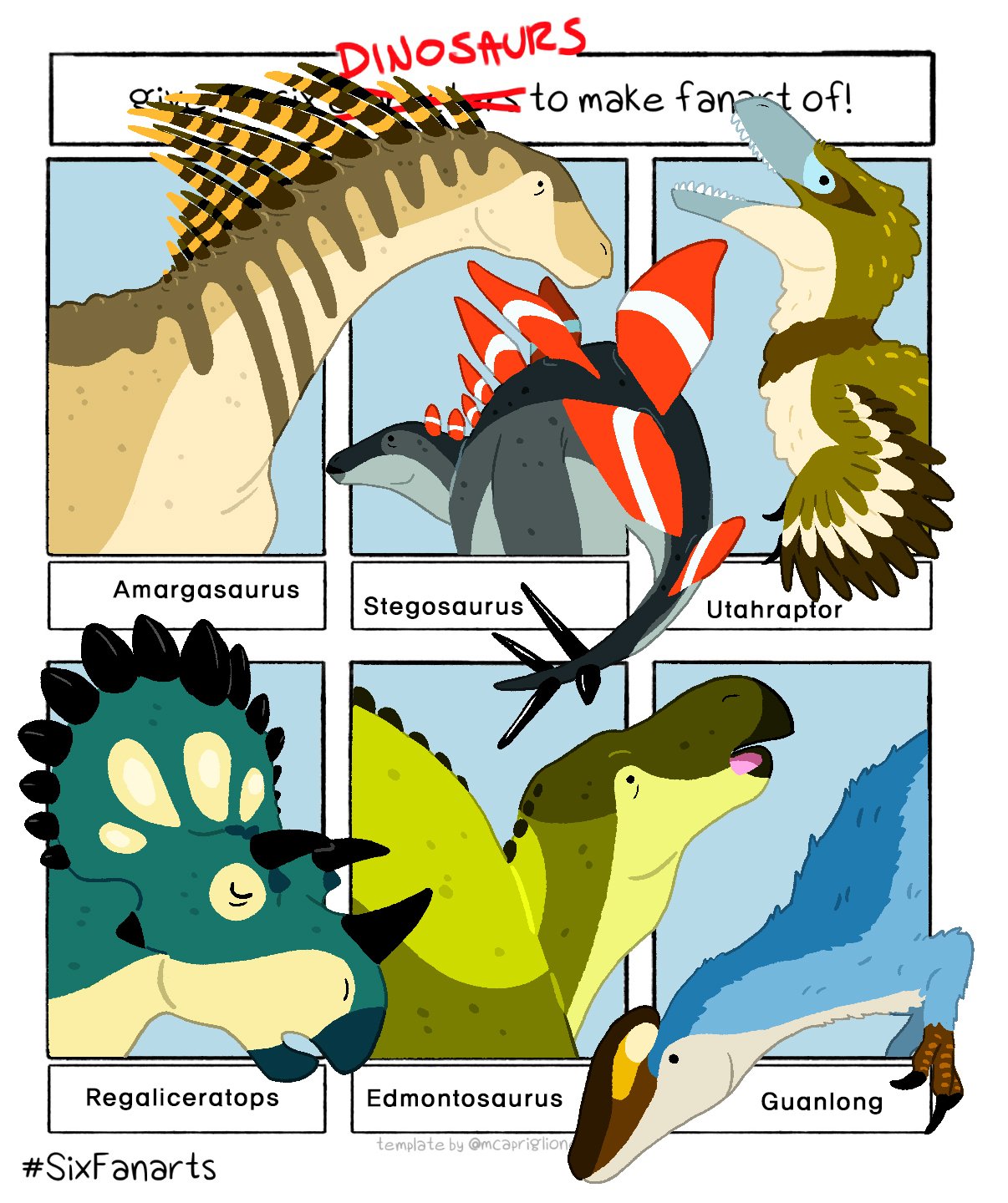 DINOSAURS sto make fanst of! gi Amargasaurus Stegosaurus Utahrapfor Regaliceratops Edmontosaurus Guanlong template by @mcapriglion #SixFanarts