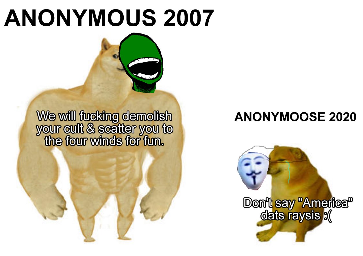 ANONYMOUS 2007 We will f------ demolish your cult & scatter you to the four winds for fun. ANONYMOOSE 2020 Don't say "America" dats raysis :(